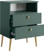 A green nightstand with gold legs and two drawers, one of which is slightly open. Produktbild-Vorschau
