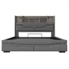 A front view of a grey upholstered bed frame with a wooden headboard. Podgląd zdjęcia produktu