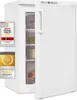 A white upright freezer with its door slightly ajar, revealing transparent drawers containing food items. Several award badges are affixed to the left side of the freezer. Produktbild-Vorschau