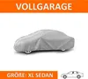 A car covered with a gray car cover, with text indicating the size. Produktbild-Vorschau