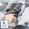 A close-up of a person's hand adjusting a part of a saw, with a diagram showing angle adjustment. Produktbild-Vorschau