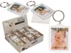 A collage of photo keyrings, including a display box of keyrings and individual keyrings with photos. Produktbild-Vorschau
