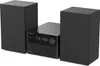 A black stereo system with two speakers and a central unit with a display and controls. Produktbild-Vorschau