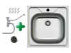 A stainless steel sink and its accessories are displayed against a white background. Produktbild-Vorschau