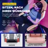 A woman is sitting in a gaming chair, holding a phone. The image is split into two sections, one showing a close-up of the chair's armrest mechanism and the other showing the seat cushion. Náhľad obrázku produktu