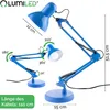 Collage of a blue desk lamp with various angles and dimensions shown. Náhľad obrázku produktu