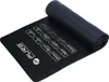 A black yoga mat is partially unrolled on a white background. The mat has instructional diagrams printed on it.