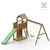 A wooden playground set with a slide and swings, shown on a white background. Produktbild-Vorschau