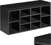A black shoe rack with multiple compartments and a cushioned top. Náhled obrázku produktu
