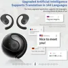 Image shows a pair of black wireless earbuds with ear hooks, a charging case, and speech bubbles with translations in different languages, highlighting the AI translation feature. Produktbild-Vorschau