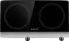 A modern, black glass ceramic cooktop with two heating elements and a silver base. Náhled obrázku produktu