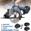 A close-up shot of a cordless circular saw with batteries and a charger in the foreground, and a person's hand holding the saw in the background. Produktbild-Vorschau