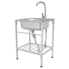 A stainless steel sink with a faucet and drainpipe, mounted on a metal stand. The sink has a single basin and a shelf below. Náhled obrázku produktu