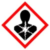 A hazard symbol showing a silhouette of a person with a radiating pattern in the chest area, enclosed in a red diamond border. Produktbild-Vorschau