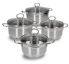 A set of four stainless steel pots with glass lids, arranged diagonally on a white background. Podgląd zdjęcia produktu