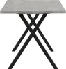 A close-up side view of a dining table with a gray tabletop and black X-shaped legs, set against a white background. Produktbild-Vorschau
