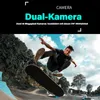 A skateboarder performing a trick in a skatepark, with text overlays describing camera features. Podgląd zdjęcia produktu