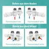 Diagrams showing how to connect a radiator thermostat valve set based on pipe orientation. Produktbild-Vorschau