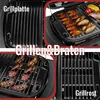 A collage of four images showing different parts and uses of a gas grill and griddle combo. Produktbild-Vorschau