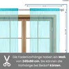A close-up view of turquoise string curtains hanging in front of a wooden-framed window, with dimensions indicated. Náhled obrázku produktu