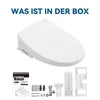 A smart toilet seat and its accessories are displayed on a white background, with text indicating 'WAS IST IN DER BOX'. Produktbild-Vorschau