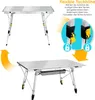 A camping table is shown in two different height configurations, with an inset highlighting the height adjustment mechanism. Produktbild-Vorschau