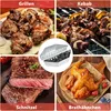 A collage of four images showing different types of grilled food and a charcoal basket. Produktbild-Vorschau
