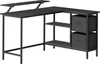 A black L-shaped desk with shelves and drawers, shown from a slightly elevated side angle against a white background. Produktbild-Vorschau