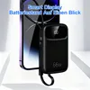 A black power bank is shown connected to a smartphone, with text overlays highlighting its features. Produktbild-Vorschau