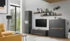 A modern living room with a gray and wood-tone TV stand, a tall cabinet, shelves, and a sofa. Produktbild-Vorschau
