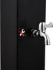 A close-up of a black outdoor shower with a silver faucet and a warning symbol. Produktbild-Vorschau