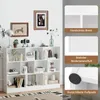 A white bookshelf filled with books and decorative items, with close-up shots of its features on the right side. Náhľad obrázku produktu