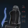 A gaming chair with diagrams illustrating ergonomic support for the spine and areas of potential discomfort. Produktbild-Vorschau