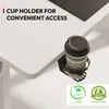 A close-up of a white desk with a cup holder attached to the edge, holding a disposable coffee cup. There are also certification logos at the bottom right. Podgląd zdjęcia produktu