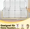 A white modular pet playpen is set up on a carpeted floor, with three small animals (rabbit, hamster, hedgehog) shown in circles below the text. Produktbild-Vorschau