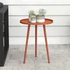 A small, round, red side table with three legs, holding three potted succulents, placed on a patio next to a black shelving unit. Produktbild-Vorschau