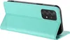 A turquoise flip case for a Samsung Galaxy A52 phone is shown standing up, displaying the camera array of the phone. Produktbild-Vorschau