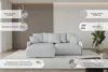 A modern living room scene with a sectional sofa as the main focus, featuring product details and descriptive text overlays. Produktbild-Vorschau