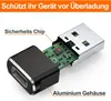 A close-up view of a USB-C to USB-A adapter, with its casing partially removed to reveal the internal circuit board and a 'Sicherheits Chip'. Produktbild-Vorschau