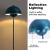 A collage showing a floor lamp and a close-up of its shade, with text highlighting its features. Podgląd zdjęcia produktu