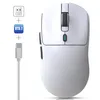A white gaming mouse with its accessories and connectivity options displayed. Produktbild-Vorschau