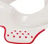 A close-up view of a white child's toilet seat with red trim and red non-slip dots. Produktbild-Vorschau