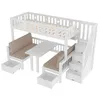A white bunk bed with a desk, seating, and storage drawers. Voir les images du produit