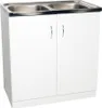 A white double sink vanity cabinet with silver handles and a stainless steel sink top. Produktbild-Vorschau