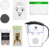 A collage of items related to a water filter pitcher, including the pitcher itself, filter cartridges, and instruction manuals. Produktbild-Vorschau