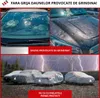 Collage showing damaged car windshield and hood from hail, and cars covered with protective tarps during a thunderstorm. Produktbild-Vorschau