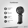 A black portable fan with its features highlighted by icons and text. Produktbild-Vorschau