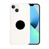 A white smartphone with a black circular sticker on the back, placed next to its screen. Produktbild-Vorschau