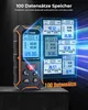 A laser distance meter is shown with multiple digital displays illustrating stored data, set against a dark, abstract background with light streaks. Produktbild-Vorschau