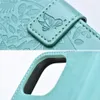 Close-up shots of a teal-colored phone case with embossed floral and butterfly designs. Náhled obrázku produktu